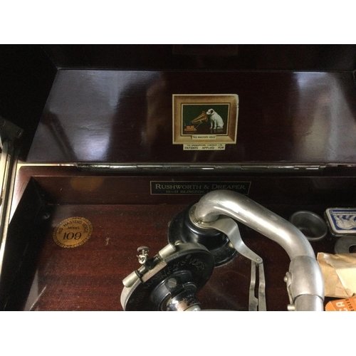 2253 - An HMV gramophone with conforming record cabinet and classical 78s (2). Shipping category D.