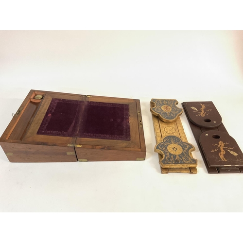 941 - A writing box with ink well and key. Also includes two vintage bookends. Postage B