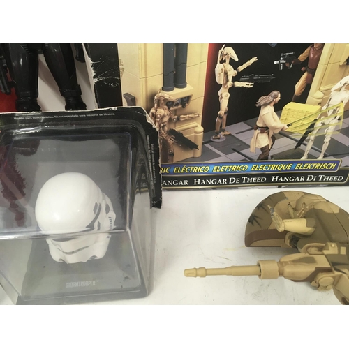 1036 - Collection of Star Wars related items including action figures..room alarm..Hangar plus other items.... 