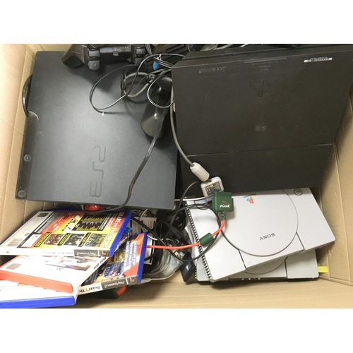 22 - A Box Containing A Collection of PlayStation consoles and Controllers.