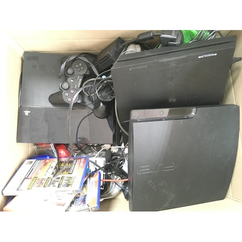 22 - A Box Containing A Collection of PlayStation consoles and Controllers.