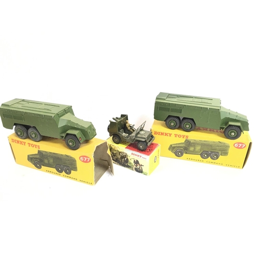 237 - 2 X Boxed Dinky Armoured Command Vehicles. #677. And a Rocket Carrier Jeep in Repro Box. #828.