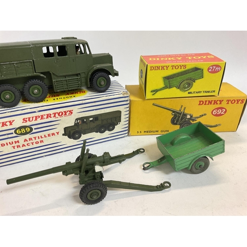 275 - A Boxed Dinky Super Toys Medium Artillery Tractor #689. A 5.5 Medium Gun #692 and a Military Trailer... 