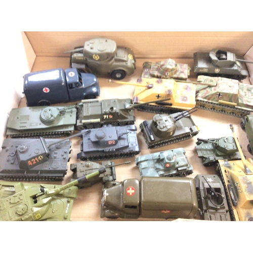 297 - A Box Containing Solido Diecast Tanks and a Tri-Ang Armoured Car.