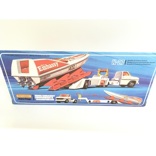 435 - A Boxed Matcbox Miss Embassy Powerboats Transporter. K-27.