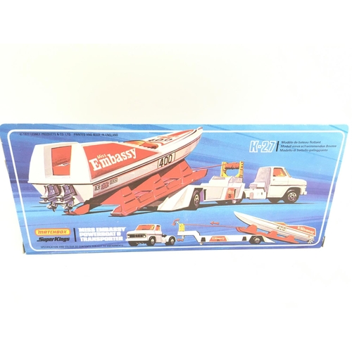 438 - A Boxed Matchbox Superkings Miss Embassy Powerboat & Transporter. K-27.