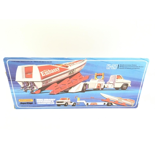 445 - A Boxed Matchbox Super Kings Miss Embassy Powerboat and Transporter. K-27.