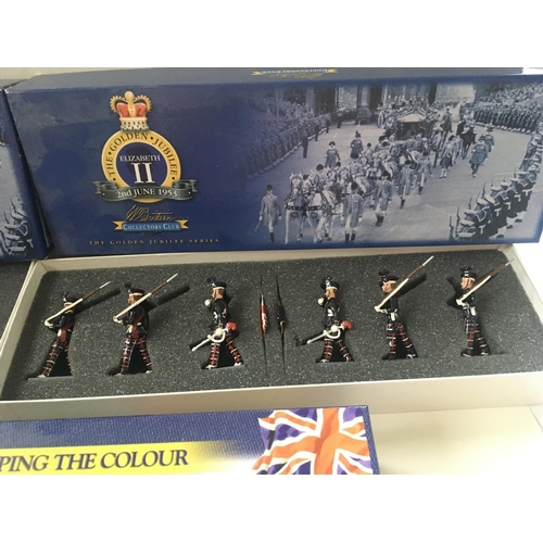 458 - Collection of boxed Britain metal soldiers 3 sets focus on Trooping the Colour and 2 sets marking th... 