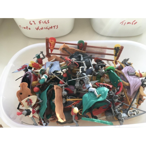 482 - 3 containers each with TIMPO plastic knights containing approximately 150 figures. Mostly with shiel... 