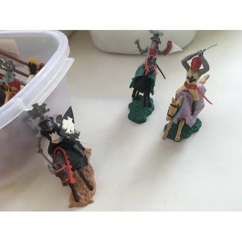 482 - 3 containers each with TIMPO plastic knights containing approximately 150 figures. Mostly with shiel... 