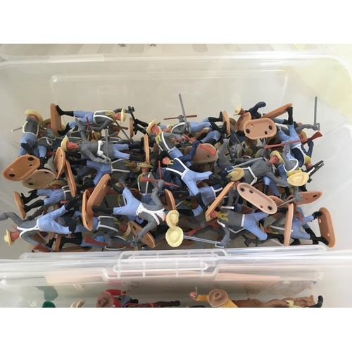 483 - Collection of 3 containers each with plastic soldiers by TIMPO. Figures include Western era and WW11... 