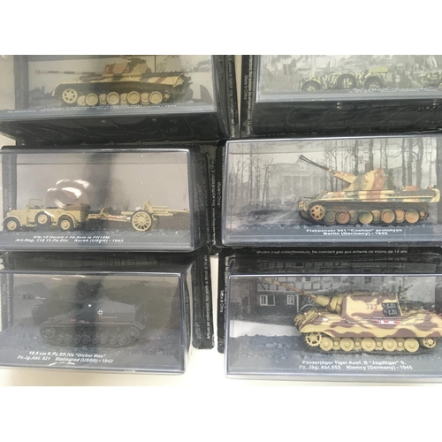 506 - A collection of boxed military vehicles from WW11. Each with the original packaging is mounted in a ... 