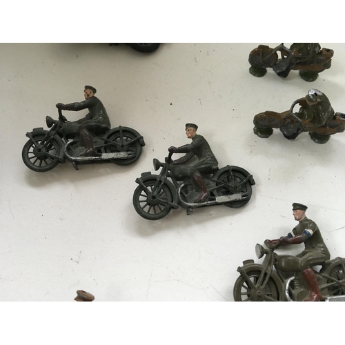 513 - A great collection of metal soldiers with motorcycles mainly by by Britains ..Johill Co. 10 pieces i... 