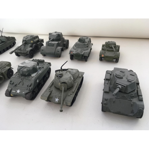 540 - A collection of 10 Playworn diecast metal military models. Made by Corgi. Dinky. Lone Star and other... 