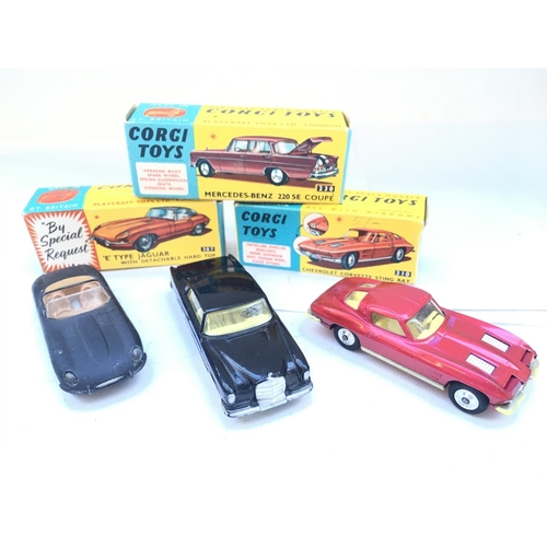 597 - A Boxed Corgi E Type Jaguar (Re-Painted) a Mercedes-Benz 220 SE Coupe #230 and a Chevrolet Corvette ... 