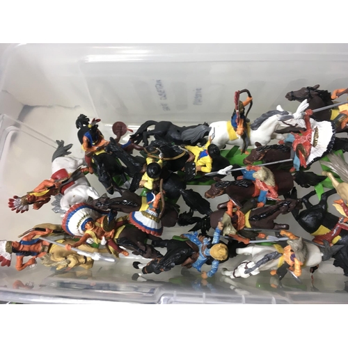 727 - A collection in excess of 60 pieces plastic toy figures. 20 mounted cowboys and Indian by Britains D... 