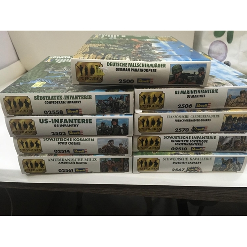 733 - A collection of 9 boxed Revell kits all themed military soldiers.