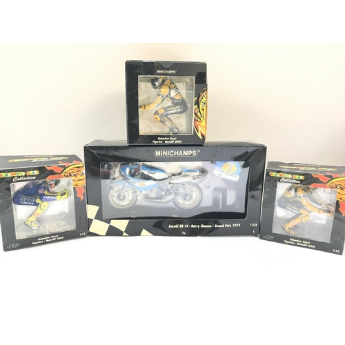 797 - A Boxed Minichamps Suzuki XR 14 (Barry Sheen) and 3 Valentino Rossi Figures.