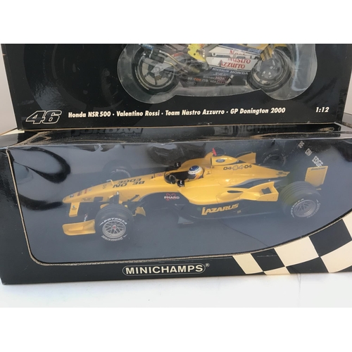 798 - 2 X Boxed Minichamps racing Vehicles.including Honda NSR 500 1:12 Scale and a F1 Jordan Ford 1:18 Sc... 