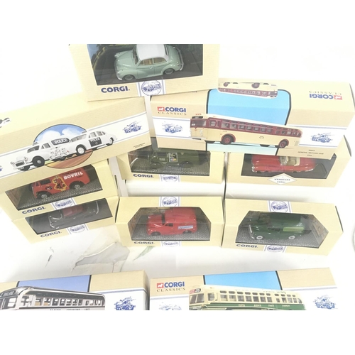 83 - A collection of 19 boxed Corgi model cars and busses mostly in the classics series.