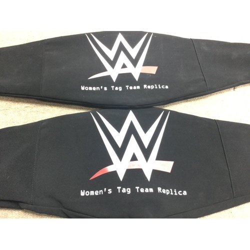 853 - 2 X WWE Womens Tag Team Replica Championship Title Belts. full size with Storage Bags.(2).