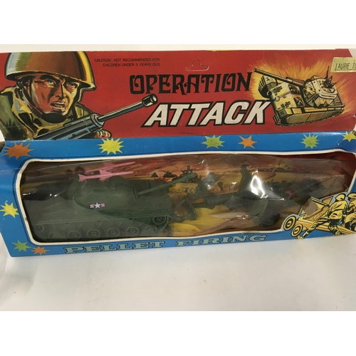 892 - Two old toys. OPERATION ATTACK in original box with tank missiles and gun. Also a tin model clockwor... 