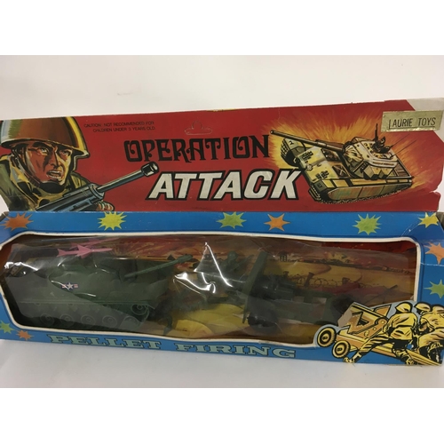 892 - Two old toys. OPERATION ATTACK in original box with tank missiles and gun. Also a tin model clockwor... 