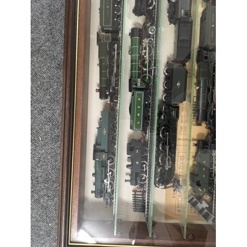 901 - A presentation case containing 11 model railway trains 6 with tenders and 14 buses.