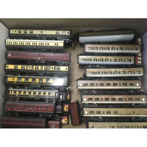 912 - A Box containing in excess of forty loose coaches all 00 gauge. Mainly Hornby..Mainline and others.