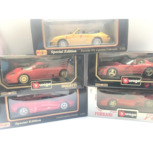 939 - 3 X Boxed Burago And 2 x Boxed Maisto Diecast Cars including Ferrari. Dodge Viper. Lamborghini. Buga... 