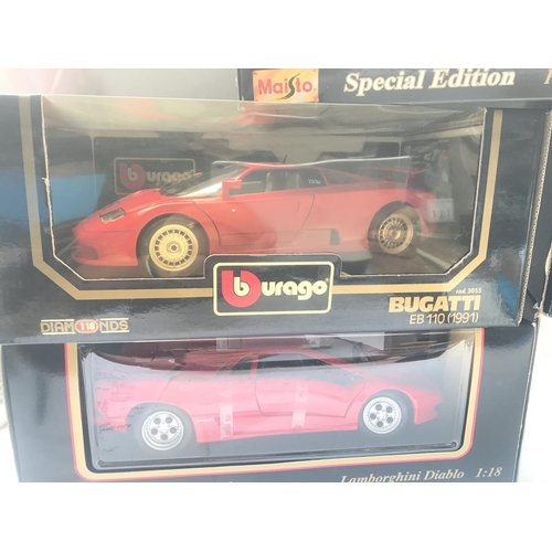 939 - 3 X Boxed Burago And 2 x Boxed Maisto Diecast Cars including Ferrari. Dodge Viper. Lamborghini. Buga... 