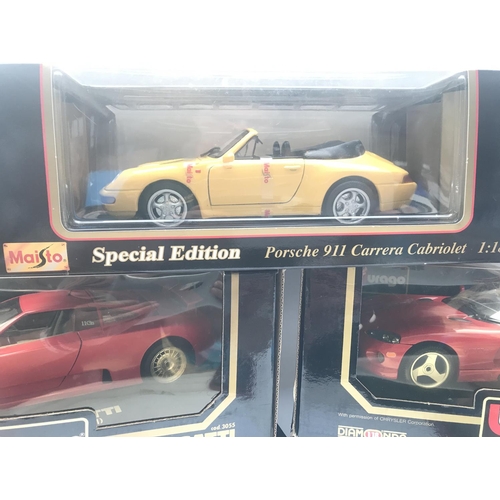 939 - 3 X Boxed Burago And 2 x Boxed Maisto Diecast Cars including Ferrari. Dodge Viper. Lamborghini. Buga... 