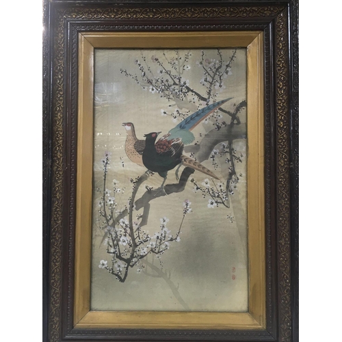 120 - Framed and glazed Chinese watercolour on silk. 71cm x 19.5cm including frame.