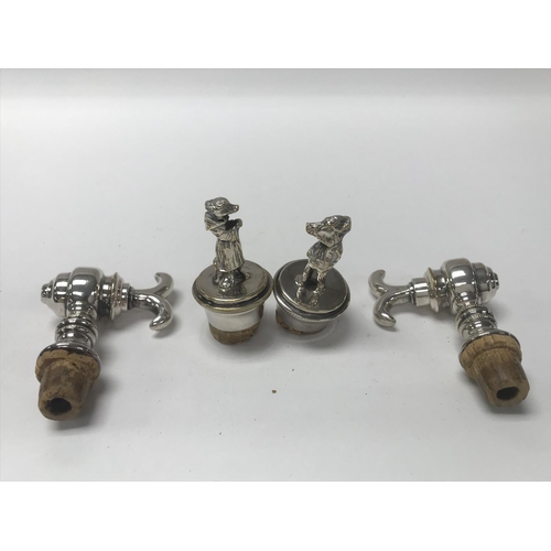 21 - 2 novelty silver plated bottle stoppers together with 2 silver plated barrel taps. (A)