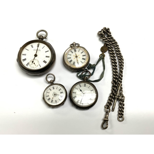 3 - 4 various silver pocket watches, Varied conditions together with a hallmarked silver Albert chain (A... 