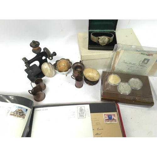 492 - A Collection of items including coins, miniature copper jugs, miniature sewing machine