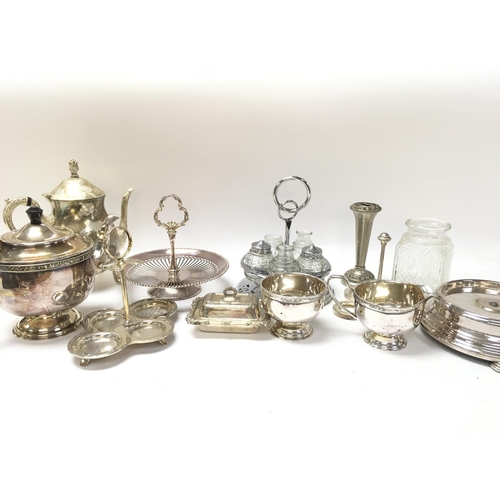 81 - Box of vintage dining table items including; teapots, candlestick holders, serving trays, a condimen... 