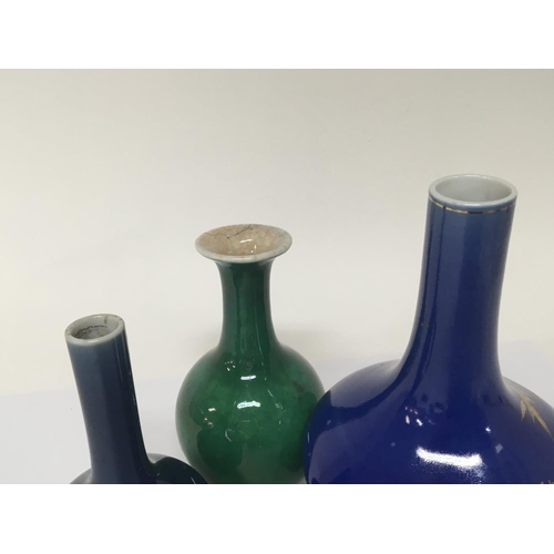 1040 - Three Chinese Export monochrome glazed vases flame blue and green crackleware slight damage to the r... 