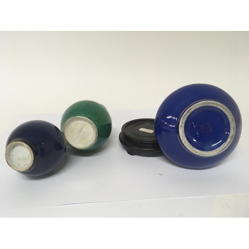 1040 - Three Chinese Export monochrome glazed vases flame blue and green crackleware slight damage to the r... 