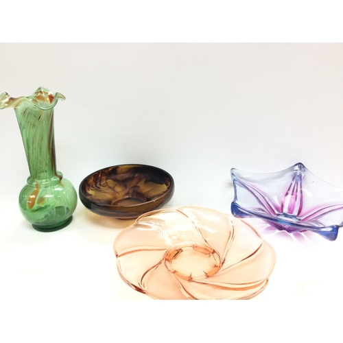 1144 - A collection of coloured art glass dishes and a vase. Postage category D- NO RESERVE