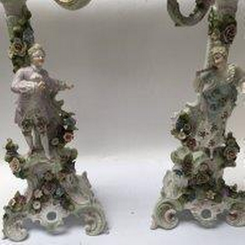 1174 - A large German compote and two German figure candle sticks.