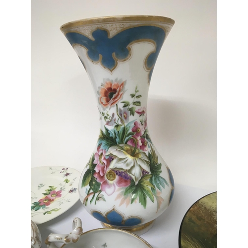 1232 - A late Victorian hand painted opaque glass vase Hight 35cm a hand painted and signed ceramic wall pl... 