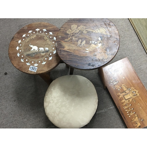 1404 - A small late Victorian foot stool two Indian hardwood tables and a conforming wall plaque (4)- NO RE... 