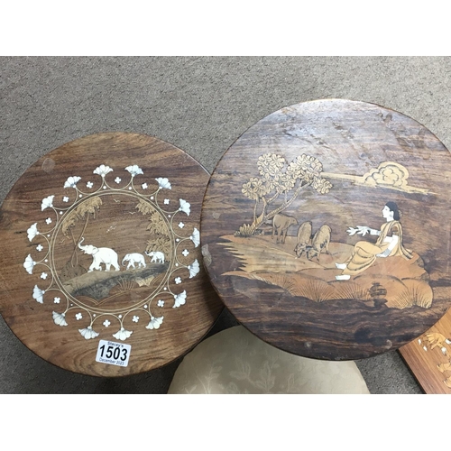 1404 - A small late Victorian foot stool two Indian hardwood tables and a conforming wall plaque (4)- NO RE... 