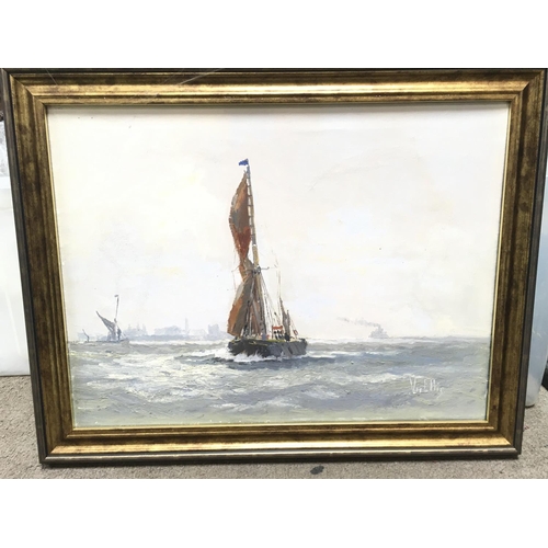 1601 - A Vic Ellis framed oil on canvas of a sailing boat, local interest. Dimensions 44x34cm