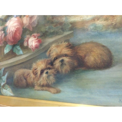 1609 - A gilt framed watercolour depicting dogs amongst flowers with classical buildings beyond.signed A J ... 