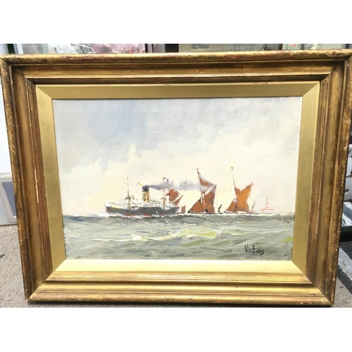 1612 - A Vic Ellis framed oil on canvas of a ferry and several sailing boats at sea, local interest.