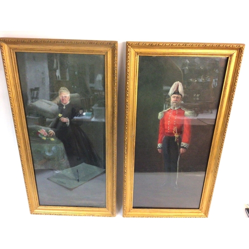 1622 - A pair of oil paintings of an officer and his lady in frames. 38cm wide by 74cm high. Postage D.- NO... 