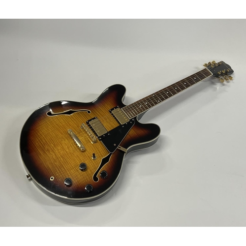 2394 - A Wesley Replica ES Type Thinline Semi-Acoustic guitar sunburst with flame top and gold plated par... 