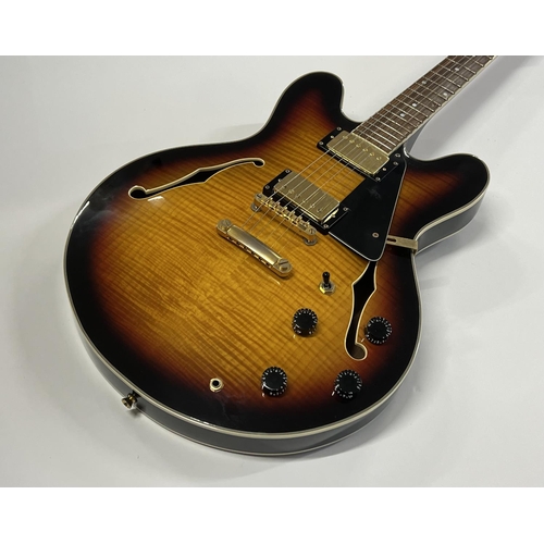 2394 - A Wesley Replica ES Type Thinline Semi-Acoustic guitar sunburst with flame top and gold plated par... 